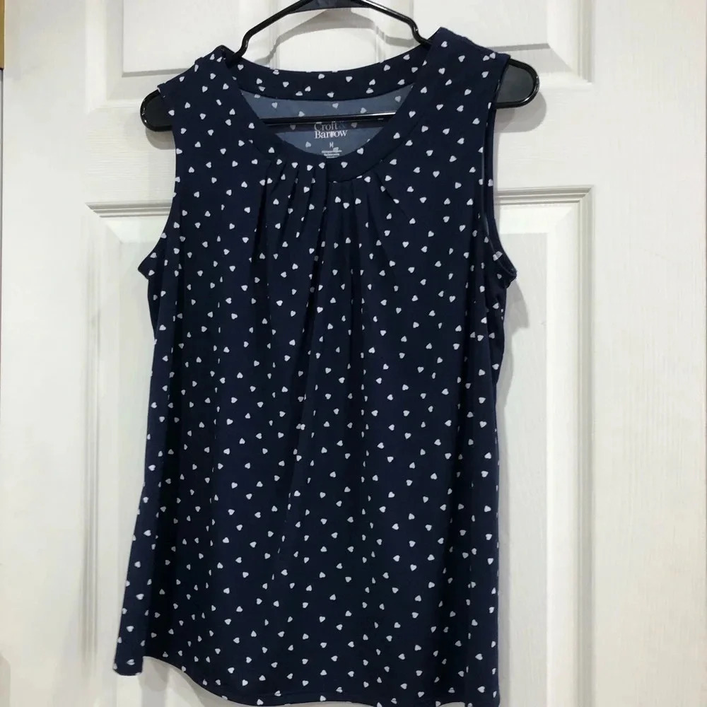 Croft & Barrow Women’s Medium Print Pintuck Tank Sleeveless Top Navy Blue